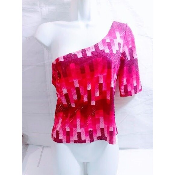 One Shoulder Barbiecore Sparkly Geometric Crop Top - Picture 2 of 7